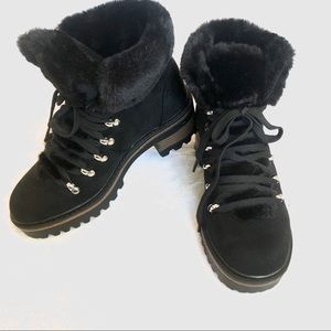 Black Suede Vegan Fur Hiking Boots